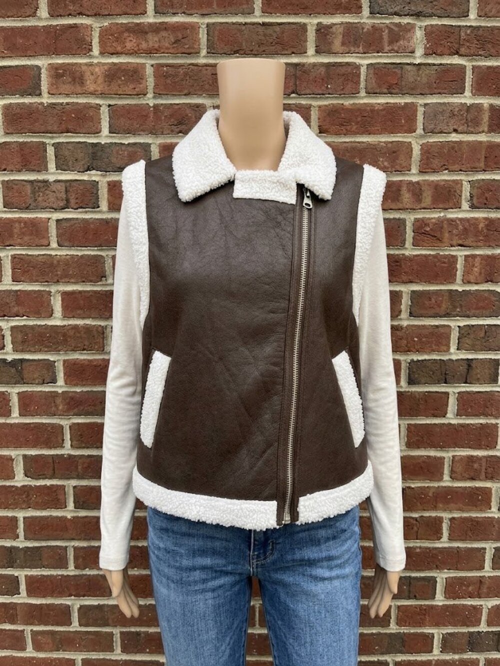 Woman’s Faux Shearling Aviator Vest - Brown/White